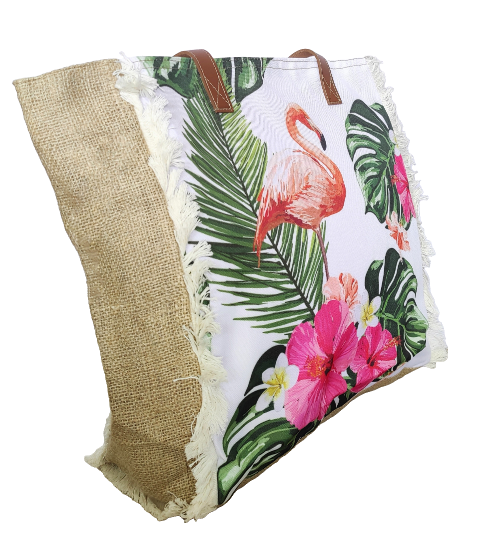 Fashion Large Floral Flamingo Print Tote Jute