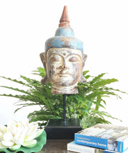 Home Decor. Tabletop Idol. Handcrafted Wooden Serene Peaceful Meditating Buddha Head On a Rustic Stand.