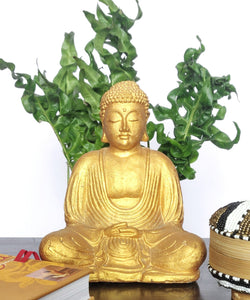 TABLE - OUTDOOR DECOR: Beautiful  Stone Meditating Buddha, sitting in Lotus Pose. " Golden Buddha".