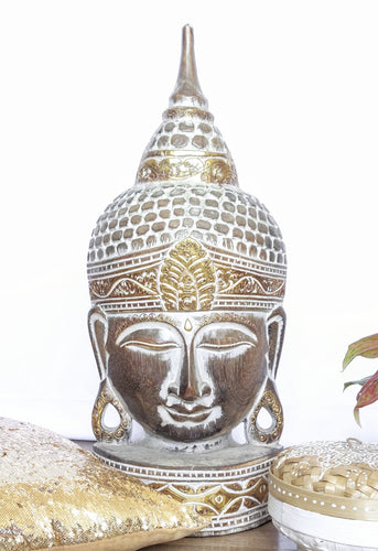 Home Decor. Wall Hanging - Tabletop Accent. Meditating Wooden Buddha Head Sculpture, Hand Carved Statue.