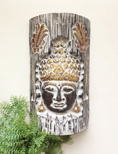 Home Decor. Wall - Table Decor. Contemporary Wooden Buddha Face Carved in a Log with Colourful Floral Design.