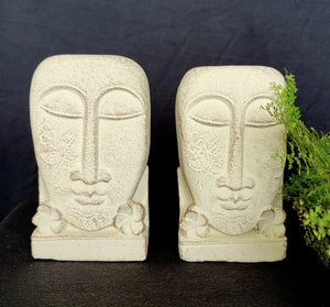 Home Decor. Table - Garden Accents. Pair of Hand Carved stone Face Sculptures with floral design, "Harum Couple".