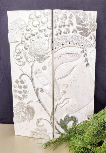 Home Decor.
Wall - Table Artifact. Handcrafted Serene Buddha Face Art Wooden Folding Screen Panel.
