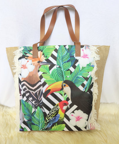 Fashion Accessory. Handbag. Tropical Floral Bird Print Tote Jute Bag and Matching Pouch.