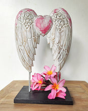 Home Decor Ornament. Angel Wings Sculpture Statue On Stand, Hand Carved and Painted.