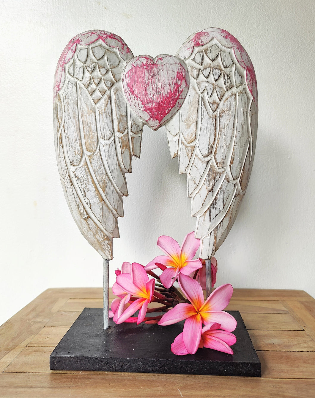 Home Decor Ornament. Angel Wings Sculpture Statue On Stand, Hand Carved and Painted.