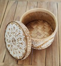 Table Decor - Storage Accessory. Stunning Handcrafted woven bamboo, hand painted box with mandala design.