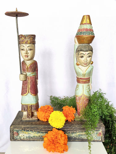 Home Decor. Tabletop Vintage Sculptures. Hand Carved and Painted Wooden Figures on a rustic base - Melasti, a Hindu Ceremony.