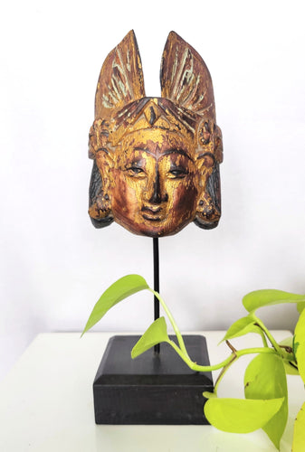 Table Decor. Handcrafted Wooden Javanese Face Mask with Traditional Headgear.