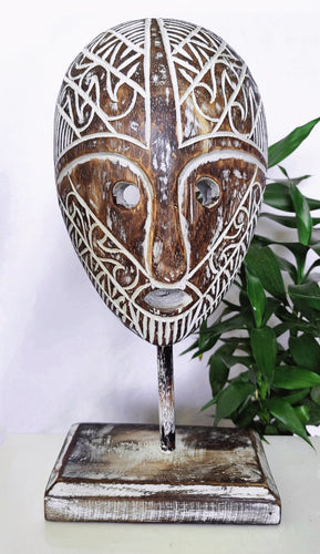 Home Decor. Tabletop Sculptures. Carved Motif Tribal Wooden Head Masks.