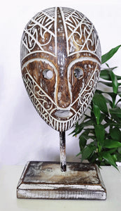 Home Decor. Tabletop Sculptures. Carved Motif Tribal Wooden Head Masks.