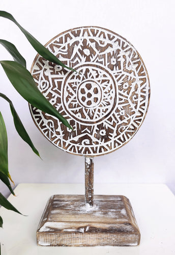 Home Decor: Tabletop Showpiece. Carved Wooden Disc Tribal Design Decor On Stand.