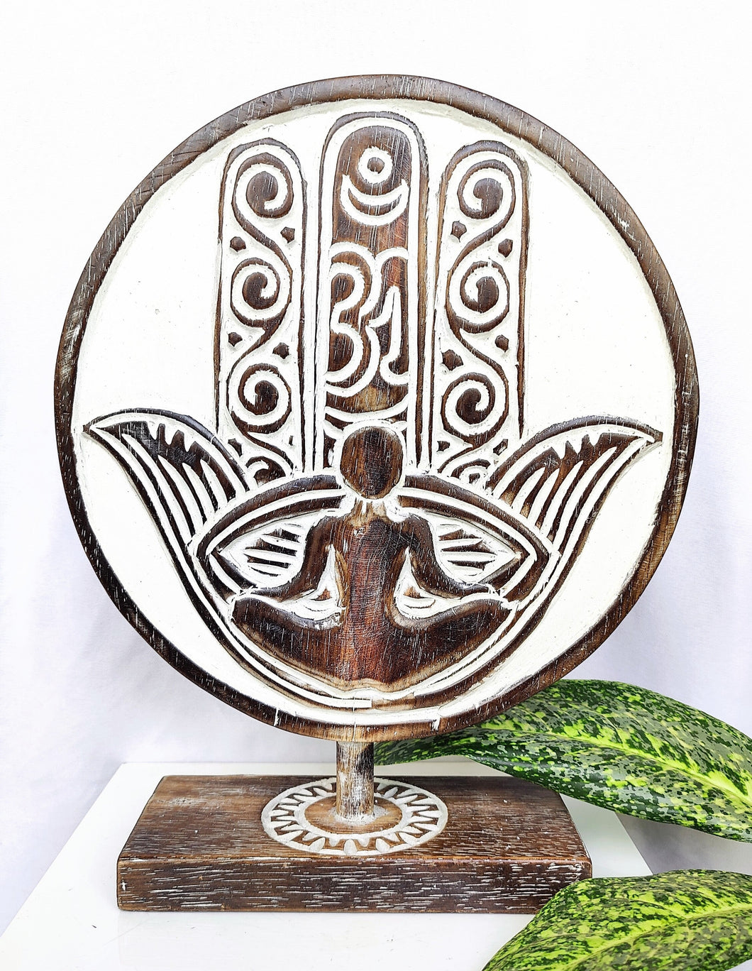 Home Decor. Table Accent. Carved and Hand Painted, Wooden Yoga Hamsa Sculpture.