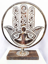 Home Decor. Table Accent. Carved and Hand Painted, Wooden Yoga Hamsa Sculpture.