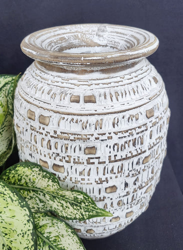 Home Decor: Table - Floor Accent. Handmade Carved Tribal Pattern Wooden Pot.