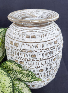 Home Decor: Table - Floor Accent. Handmade Carved Tribal Pattern Wooden Pot.
