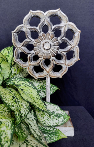Home Decor Showpiece. Beautiful Handcrafted Wooden Lotus Mandala mounted on a rustic base.