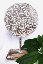 Home Decor: Tabletop Showpiece. Carved Wooden Disc Tribal Design Decor On Stand.