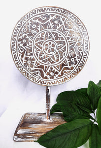 Home Decor: Tabletop Showpiece. Carved Wooden Disc Tribal Design Decor On Stand.