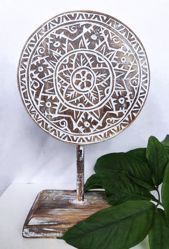 Home Decor: Tabletop Showpiece. Carved Wooden Disc Tribal Design Decor On Stand.