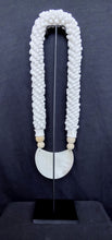 Home Decor. Mother Of Pearl Crescent Necklace with Shells and Wooden Beads on stand.