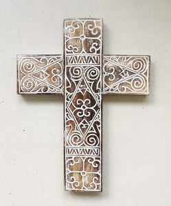 Home Decor. Wall Hanging. Carved Tribal Pattern Wooden Cross.