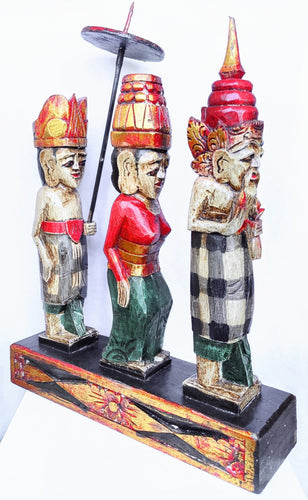 Home Decor. Tabletop Sculpture. Hand Carved and Painted Solid Wooden Figures on a Floral Pedestal - Melasti, a Hindu Ceremony.