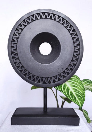 Home Decor: Tabletop Showpiece. Hand Carved Wooden Disc Décor on Stand.