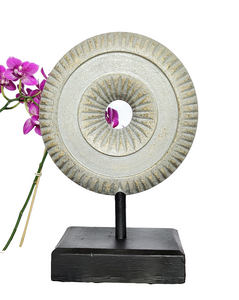 Home Decor Showpieces. Floral inspired beautiful Asian carved wooden disc mounted on rustic base.