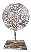 Home Decor: Tabletop Showpiece. Carved Wooden Disc Tribal Design Decor On Stand.