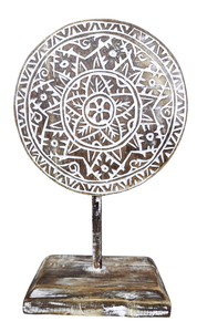 Home Decor: Tabletop Showpiece. Carved Wooden Disc Tribal Design Decor On Stand.
