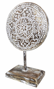 Home Decor: Tabletop Showpiece. Carved Wooden Disc Tribal Design Decor On Stand.