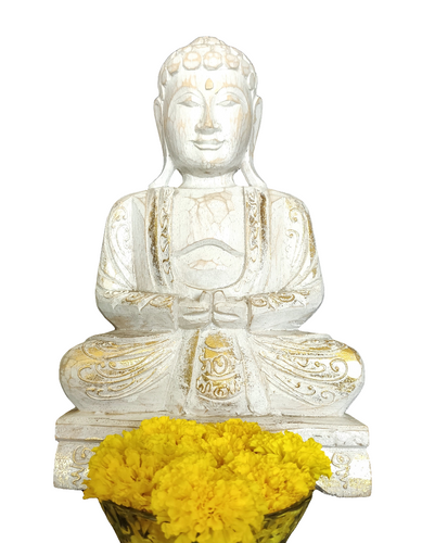 Home Decor Idol: Lord Buddha in wood seated and meditating on a floral pedestal.
