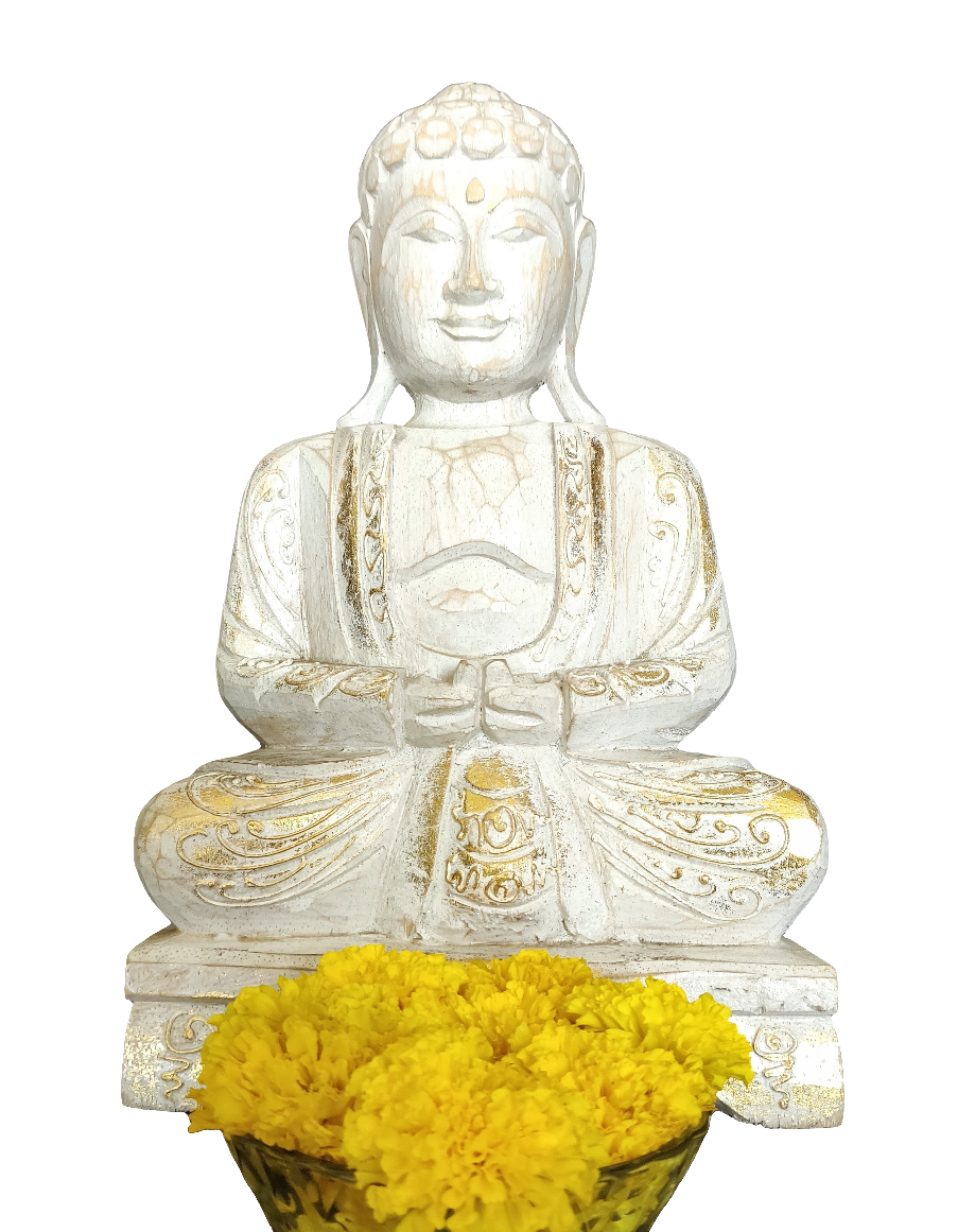 Home Decor Idol: Lord Buddha in wood seated and meditating on a floral pedestal.