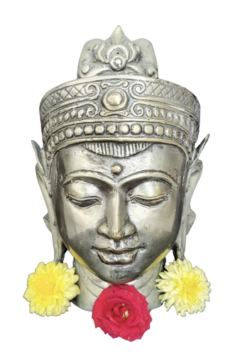 Home Decor. Tabletop Idol. Far Eastern Bronze Head Sculpture of Lord Buddha, depicted as a King.