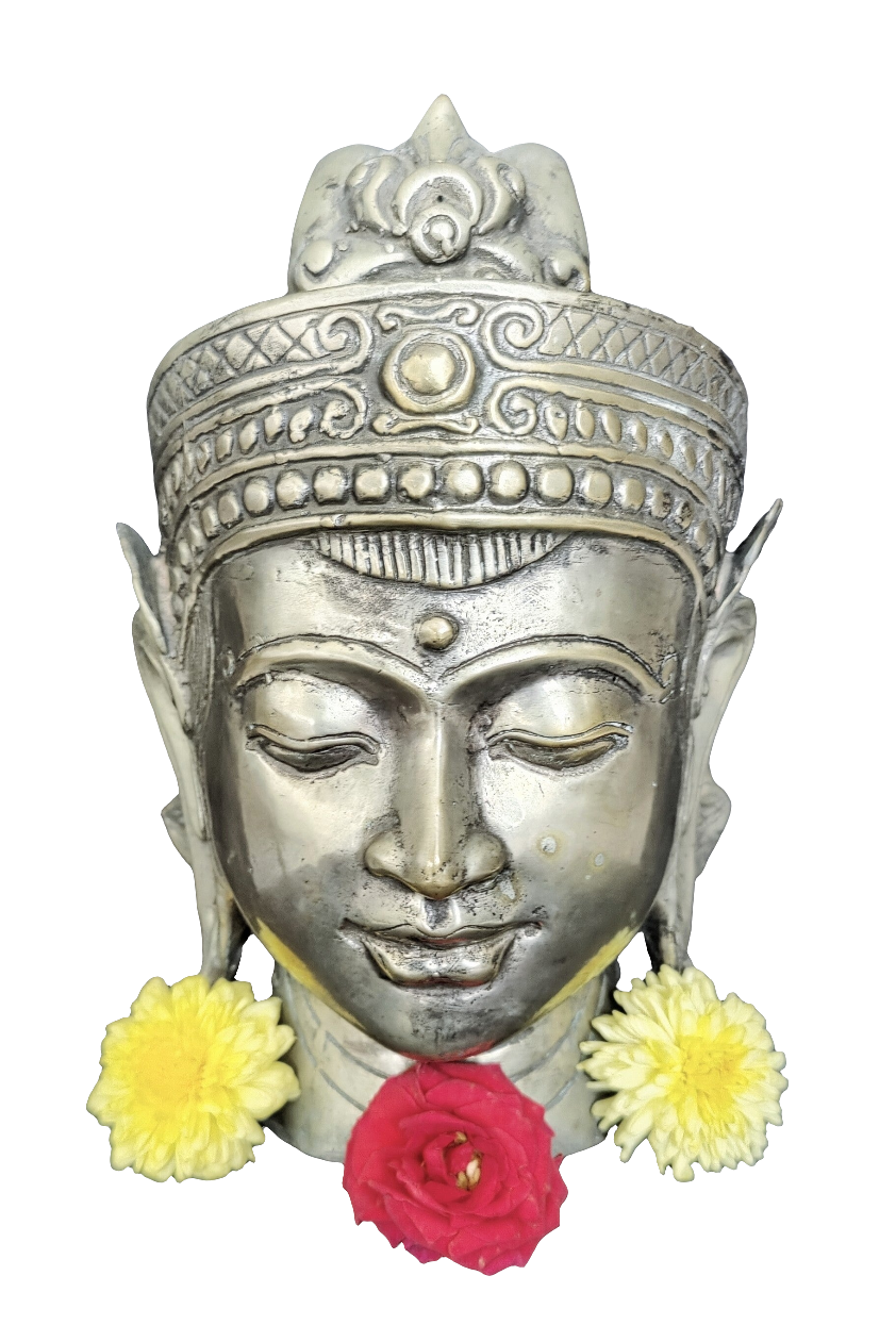 Home Decor. Tabletop Idol. Far Eastern Bronze Head Sculpture of Lord Buddha, depicted as a King.