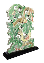 Home Decor. Tabletop showpiece. Hand - Carved Intricate Floral - Bird Wooden Relief Panel, mounted on a base, "Floral Canopy"