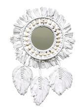 Home Decor - Boho Handmade Wall Mirror with Wooden Beads and Leaf Tassels.