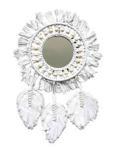 Home Decor - Boho Handmade Wall Mirror with Wooden Beads and Leaf Tassels.