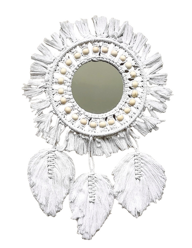 Home Decor - Boho Handmade Wall Mirror with Wooden Beads and Leaf Tassels.