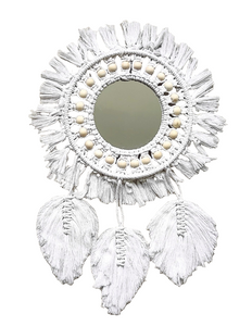 Home Decor - Boho Handmade Wall Mirror with Wooden Beads and Leaf Tassels.