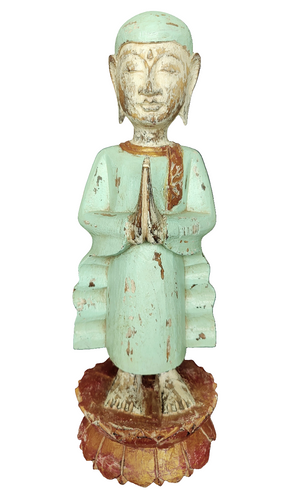 Home Decor. Tabletop Accent. Hand Carved Suar Wood Standing Anjali Mudra Namaste Robbed Buddha Sculpture.