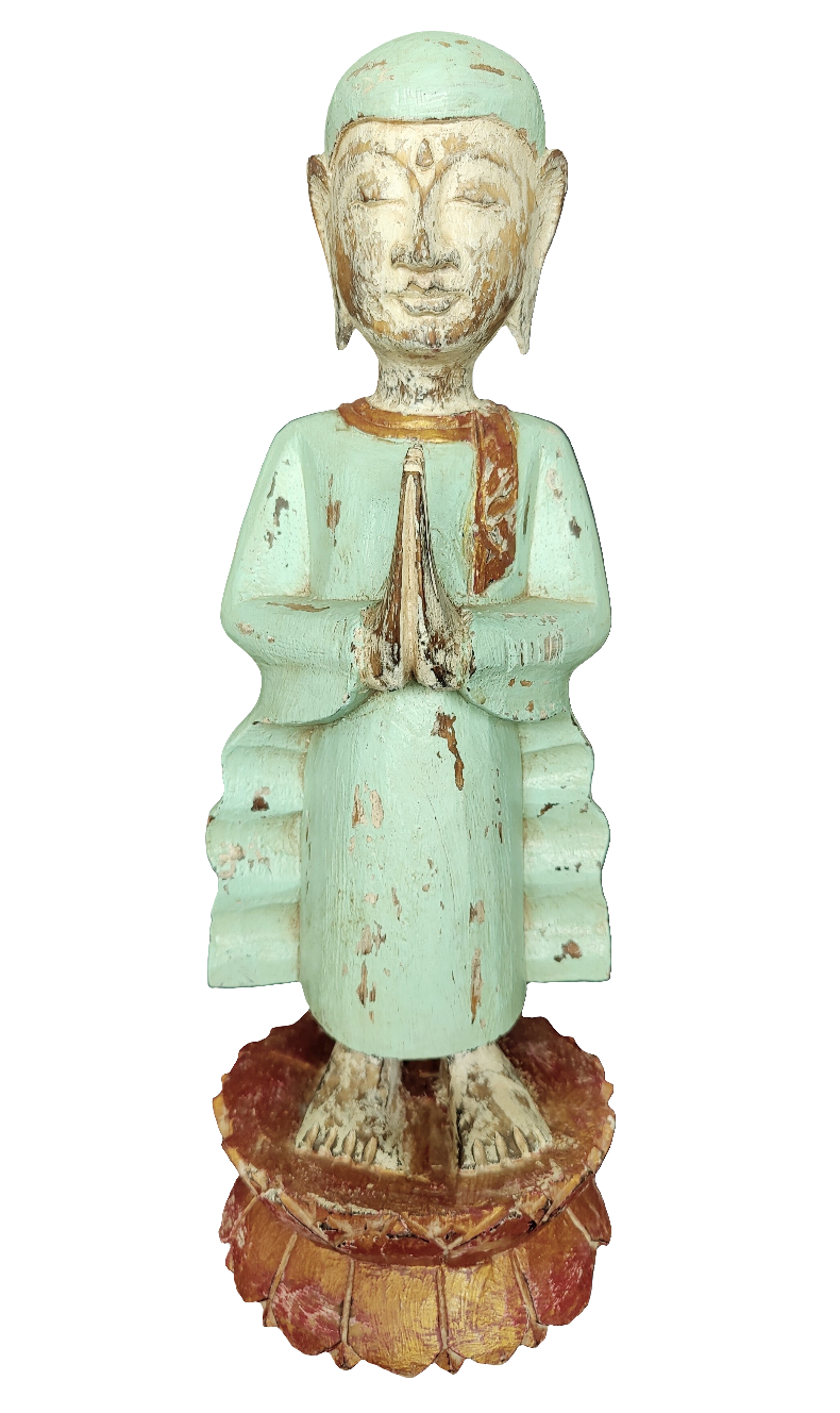 Home Decor. Tabletop Accent. Hand Carved Suar Wood Standing Anjali Mudra Namaste Robbed Buddha Sculpture.