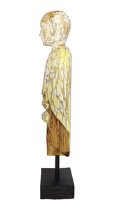 Home Decor. Tabletop Sculpture. Contemporary Serene Buddhist Monk Wooden Statue mounted on a rustic wooden base. Height 2.2 feet.