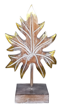 Home Decor: Tabletop Showpiece. Wooden Leaf Sculpture, "Papaya Leaf" on a stand.