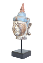 Home Decor. Tabletop Idol. Handcrafted Wooden Serene Peaceful Meditating Buddha Head On a Rustic Stand.