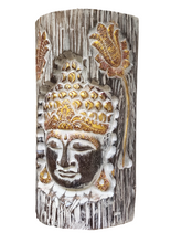 Home Decor. Wall - Table Decor. Contemporary Wooden Buddha Face Carved in a Log with Colourful Floral Design.