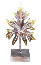 Home Decor: Tabletop Showpiece. Wooden Leaf Sculpture, "Papaya Leaf" on a stand.