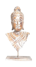 Home Decor. Tabletop Idol. Handcrafted Wooden Serene Meditating Buddha Bust On a Rustic Stand.
