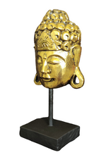 Home Decor Showpiece. Wooden Buddha Mask Sculpture on Stand Carved by Hand, "Golden Buddha" .